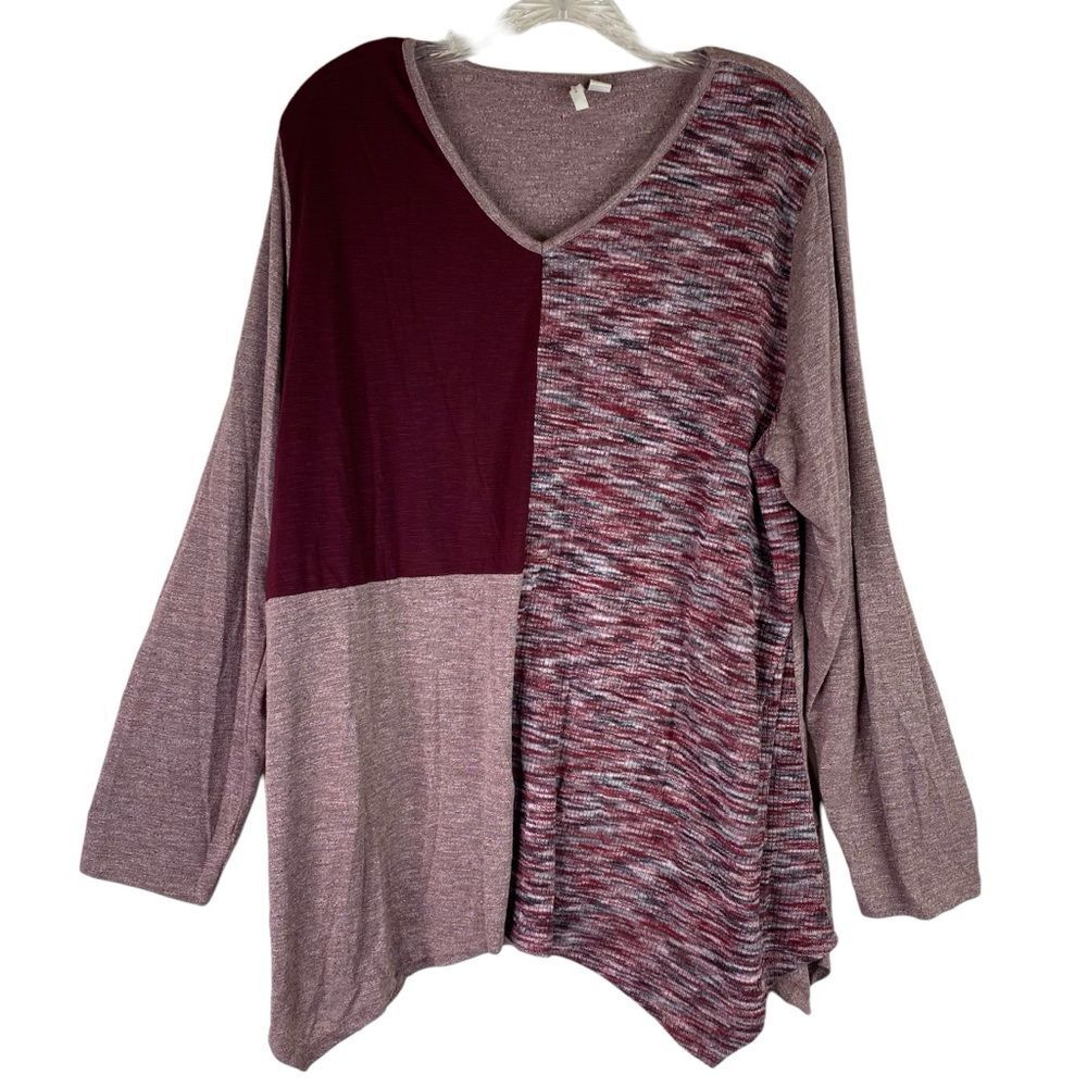 Cato Pink Purple Marled Color Block Mixed Print Long Sleeve Top Asymmetrical Hem